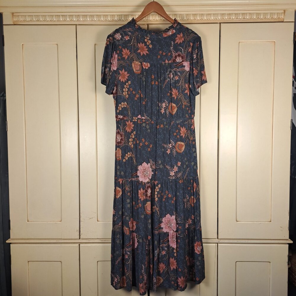 Knox Rose Midi Short Sleeve Blue Pink Floral Tiered Boho Print Dress Size Large - Picture 10 of 13